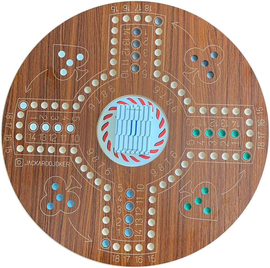 JackarooJoker Wooden Board Game Jakaroo Game for 4-6 Players Brown with Plastic Cards and Marbles