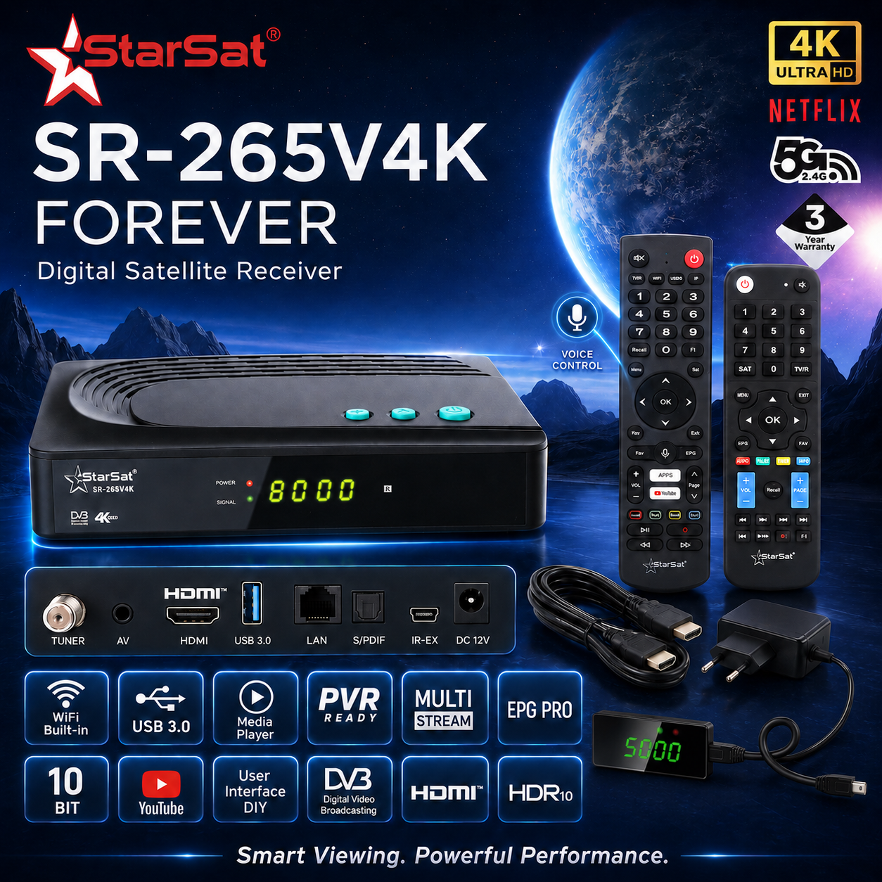 StarSat SR-265V4K 4K UHD Linux Digital Satellite Receiver with Dual-Band Wi-Fi and Voice Remote