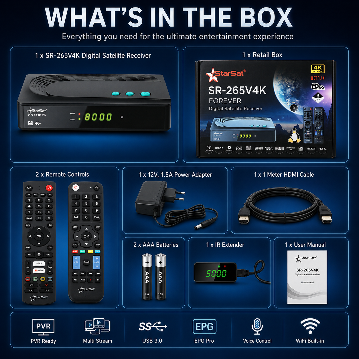 StarSat SR-265V4K 4K UHD Linux Digital Satellite Receiver with Dual-Band Wi-Fi and Voice Remote