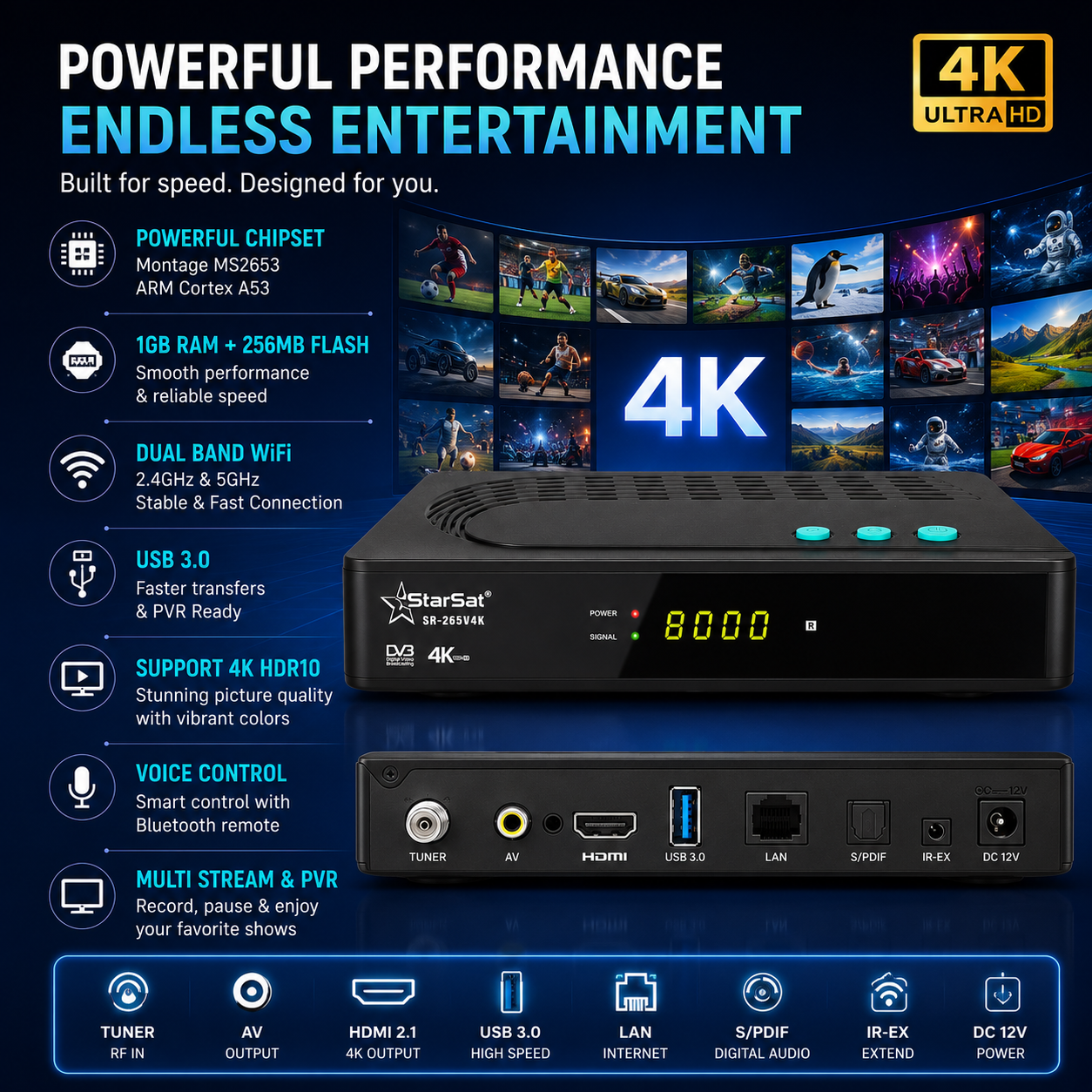 StarSat SR-265V4K 4K UHD Linux Digital Satellite Receiver with Dual-Band Wi-Fi and Voice Remote
