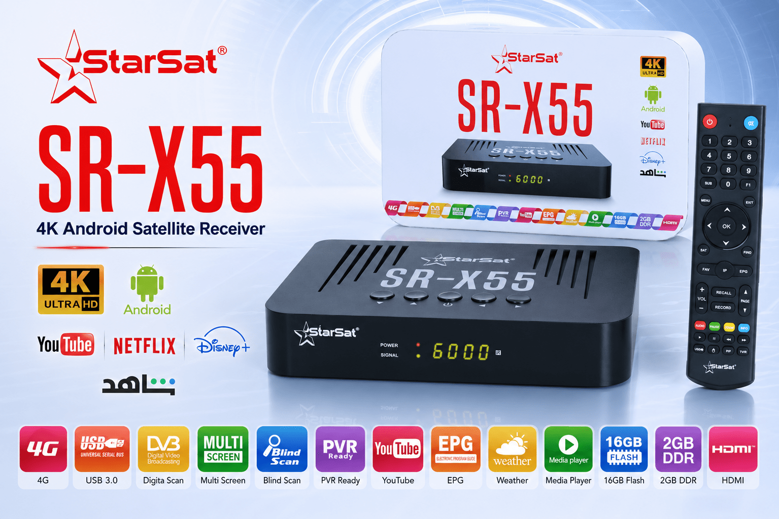 StarSat SR-X55 Smart TV Android Box 2GB+16GB 4K UHD Media Player and Satellite Digital Video Broadcasting Receiver Support BT4.0, WiFi, 100Mb Ethernet Lan