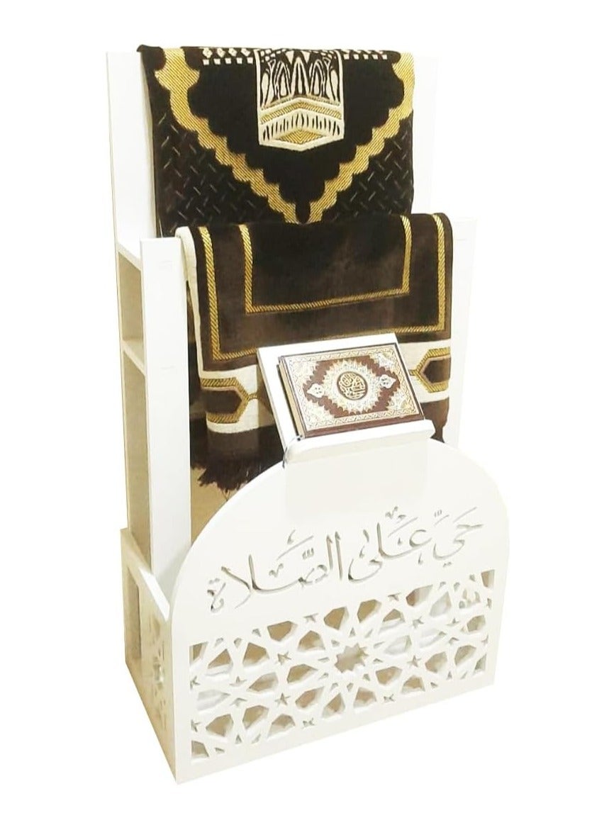 Elegant White Ramadan Prayer Mat and Quran Holder with Arabic Calligraphy for Home and Office Decor, Stylish, Space-Saving, Water and Fireproof Design with Lightweight Convenience