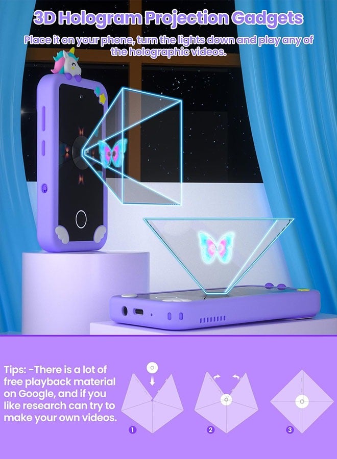 Kids Smart Phone with 3D Holographic Pyramid, 2.8inch Touchscreen Learning Toy with Dual Cameras and Music Player, Perfect Christmas, eid and Birthday Gift for Ages 3-10, Purple