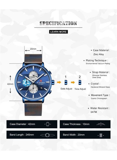 NaviForce NF9169 Luxury Chronograph Stainless Steel Mesh Watch – Camouflage Blue