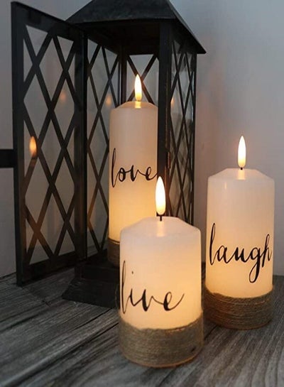 Flameless Poster Candles with 6-Hour Timer, Set of 3 3-Wick Battery Operated Candles LED Live Love Laugh Rope Decor Candles