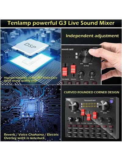 V8 Portable Audio Mixer, Bluetooth Multifunctional Live Sound Card for Singing/Live Broadcasting/Recording Voice and Music Compatible with iOS/Android/Windows, black