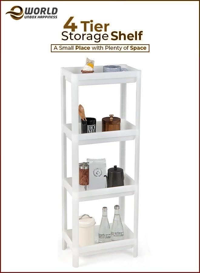 Eworld 4-Tier Bathroom Storage Shelves, White Detachable Utility Rack with Drainage Holes & Baffles, Freestanding Organizer for Kitchen, Laundry, and Under Sink Use