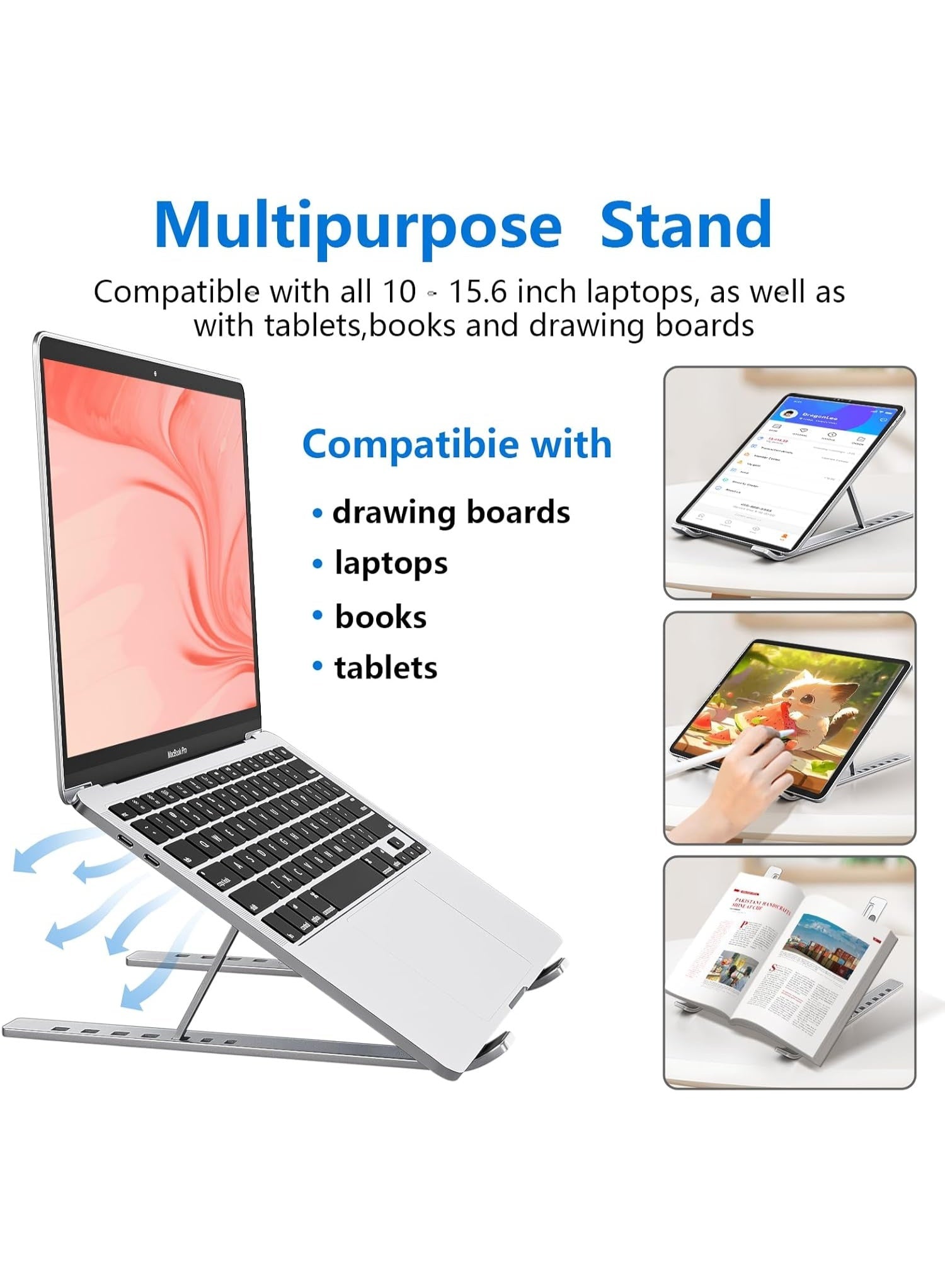 Eworld Laptop Stand for Desk – Aluminum Adjustable & Foldable Notebook Holder, Ergonomic Computer Riser with 7 Angles, Cooling Ventilation, Compatible with 10–15.6 Inch Laptops & Tablets (Silver)