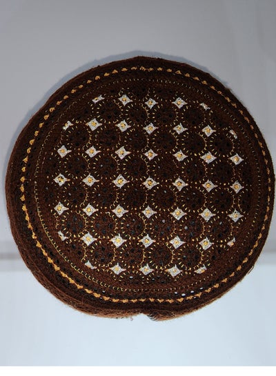 Traditional Sindhi Cap Topi is known as The Sindhi Kufi Handmade Woven Embroidery Use By Sindhis in Pakistan Essential Part Of Saraiki And Balochi Culture In Broun with Gold
