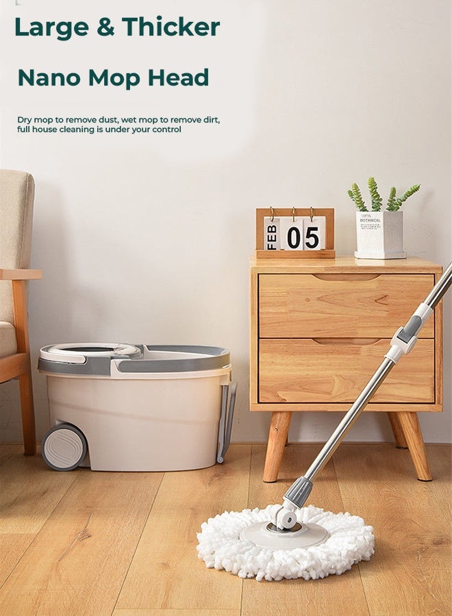 Spin Mop and Bucket Set with Detachable Spinning Bucket, Wheels, Stainless Steel Telescopic Handle and Reusable Microfiber Mop Heads, 6L Bucket for Effortless and Deep Floor Cleaning on All Surfaces