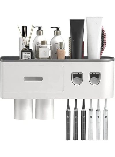 Wall Mounted Toothbrush Holder with Toothpaste Dispenser 1 Cosmetic Drawer, and 6 Brush Slots with Cover Tooth Brush Holder and 2 Cups