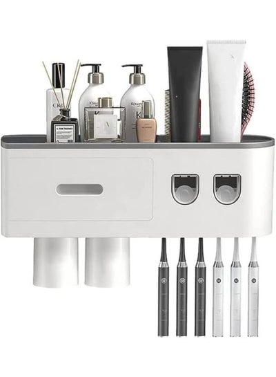 Wall Mounted Toothbrush Holder with Toothpaste Dispenser 1 Cosmetic Drawer, and 6 Brush Slots with Cover Tooth Brush Holder and 2 Cups