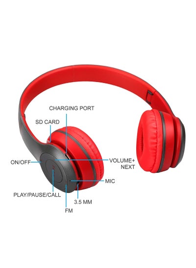 P47 Wireless Red Bluetooth Foldable Headset With Microphone - Red