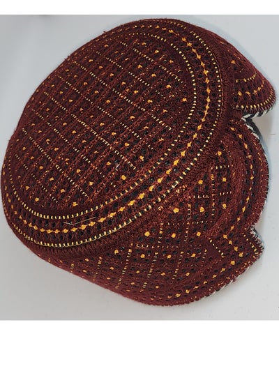 Traditional Sindhi Cap Topi is known as The Sindhi Kufi Handmade Woven Embroidery Use By Sindhis in Pakistan Essential Part Of Saraiki And Balochi Culture in Lal Mehndi with Gold