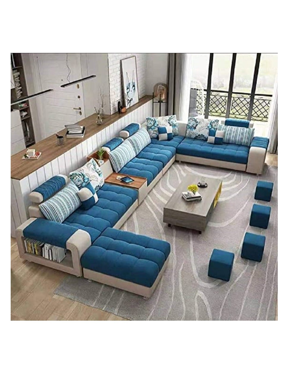 Living Room Fashion Fabric Combination Set Hotel Furniture Simple Leisure Sofa L Shape 7 Seaters Blue 398X90X80