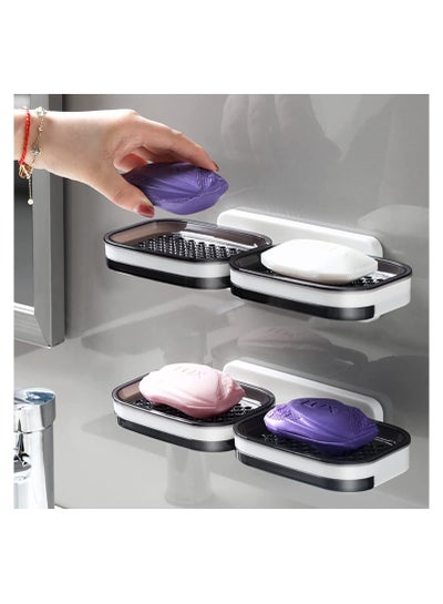 Double Soap Dish with Draining Tray Wall Hanging Shower Soap Cases Self Adhesive Soap Dish for Home Bathroom Shower Supplies