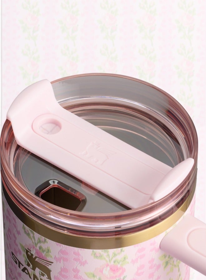 Stanley Love Shack Fancy H2.0 Flow State 40oz Pink Rose Cortex Tumbler, Stainless Steel Vacuum Insulated Quencher with Lid, Straw, and Stopper, Ideal for Water and Iced Tea, Keeps Drinks Cold, Presented in Elegant Gift-Ready Packaging