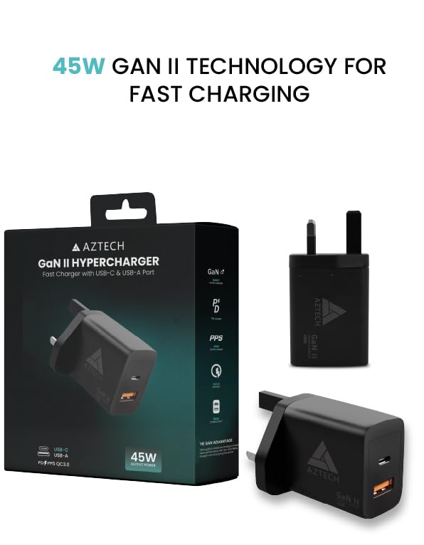 AZTECH HyperCharger 45W GaN II Dual Port Wall Charger USB-C & USB-A Fast Charging Adapter for iPhone 16 Pro Max/15/14/13, Galaxy S25 Ultra/S24/S23/S22, MacBook Air, iPad, Laptops