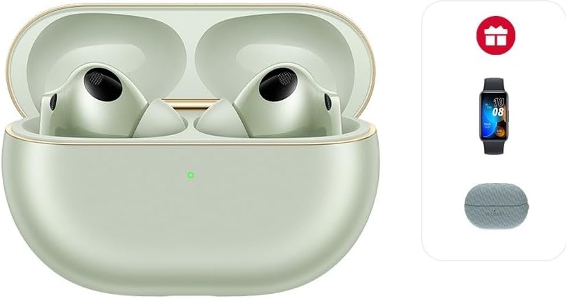 سماعات HUAWEI FreeBuds Pro 4، قبول/رفض المكالمات مع عناصر التحكم في حركة الرأس، صوت حقيقي مزدوج المحرك، إلغاء الضوضاء الديناميكي الذكي، متوافقة مع iOS وAndroid، إلغاء ضوضاء المكالمات بالذكاء الاصطناعي، حافظة HUAWEI Band8 + باللون الأخضر