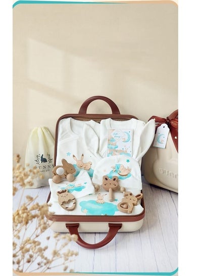 Baby Giftset for Newborn with Rompers and wooden toys in Cute Suitcase in Bunny Theme for Girls and Boys