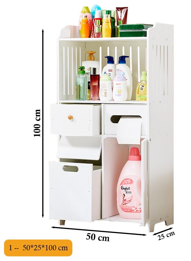 Eworld Waterproof White PVC Floor Cabinet Organizer, Stylish Storage Solution Featuring Shelves, Drawer, Tissue Holder, and Door for Bathroom, Kitchen, Living Room, or Bedroom Accessories