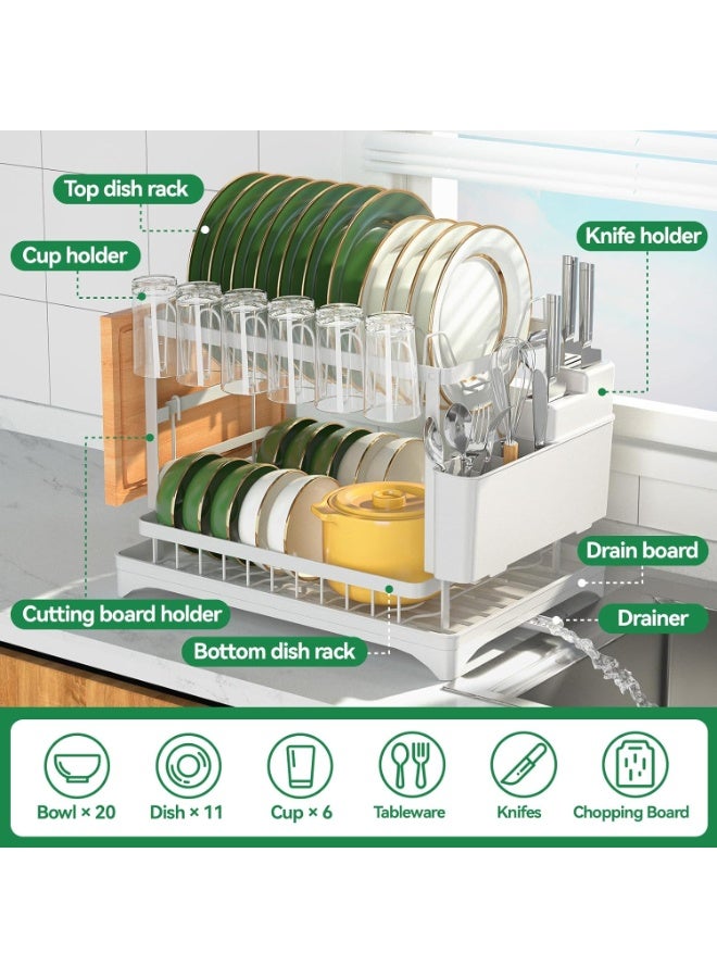 Eworld 2-Tier Stainless Steel Dish Drying Rack with Drainboard & Utensil Holder – Large Capacity Kitchen Organizer for Plates, Bowls, Cups & Bottles – White