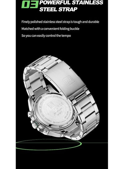 NAVIFORCE NF9217 ساعات رياضية رجالية رقمية تناظرية كوارتز مقاومة للماء متعددة الوظائف عسكرية ستانلس ستيل ساعة للرجال فضي أخضر