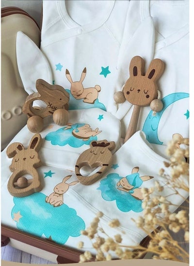 Baby Giftset for Newborn with Rompers and wooden toys in Cute Suitcase in Bunny Theme for Girls and Boys
