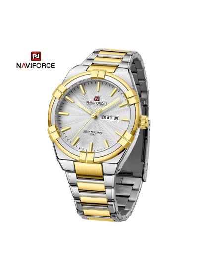 NAVIFORCE Watch for Men Waterproof 2023 Fashion Casual Steel Strap Watches Gold with Double Calendar Luminous hands Display Quzrtz Wristwatch NF9218
