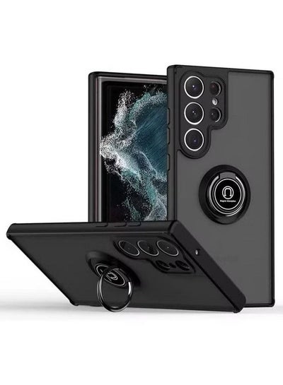 Samsung Galaxy S23 Ultra Case, Camera Protection Thin Translucent Shockproof Matte Back Cover with 360 rotational Car Mount Magnetic Ring Holder Case For Samsung S23 Ultra (Black)
