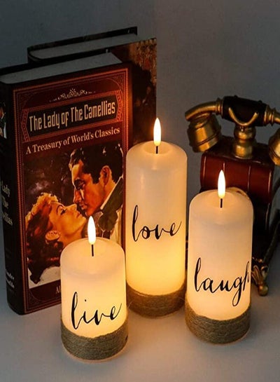 Flameless Poster Candles with 6-Hour Timer, Set of 3 3-Wick Battery Operated Candles LED Live Love Laugh Rope Decor Candles