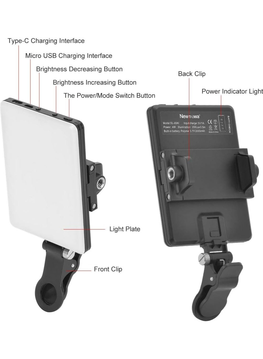 High-power 60-LED Rechargeable Selfie Light with Front & Back Clips, 3 Light Modes and 10 Brightness Levels, Ideal for Makeup, Selfies, Vlogs, Video Conferences on Smartphones, Tablets, Laptops