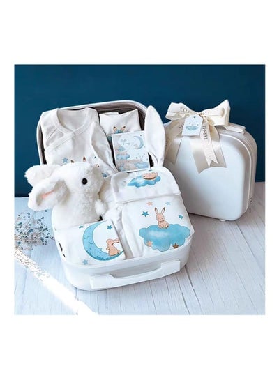 Baby Giftset for Newborn with Rompers and wooden toys in Cute Suitcase in Bunny Theme for Girls and Boys