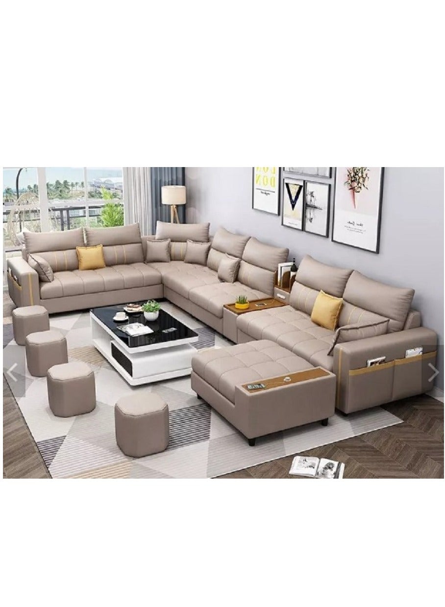 Modern Couch U Shaped Faux Leather Living Room Furniture Chaise Lounge Recliner Sectional L Shape Corner Sofa Set Beige 7 Seaters 389X231X86