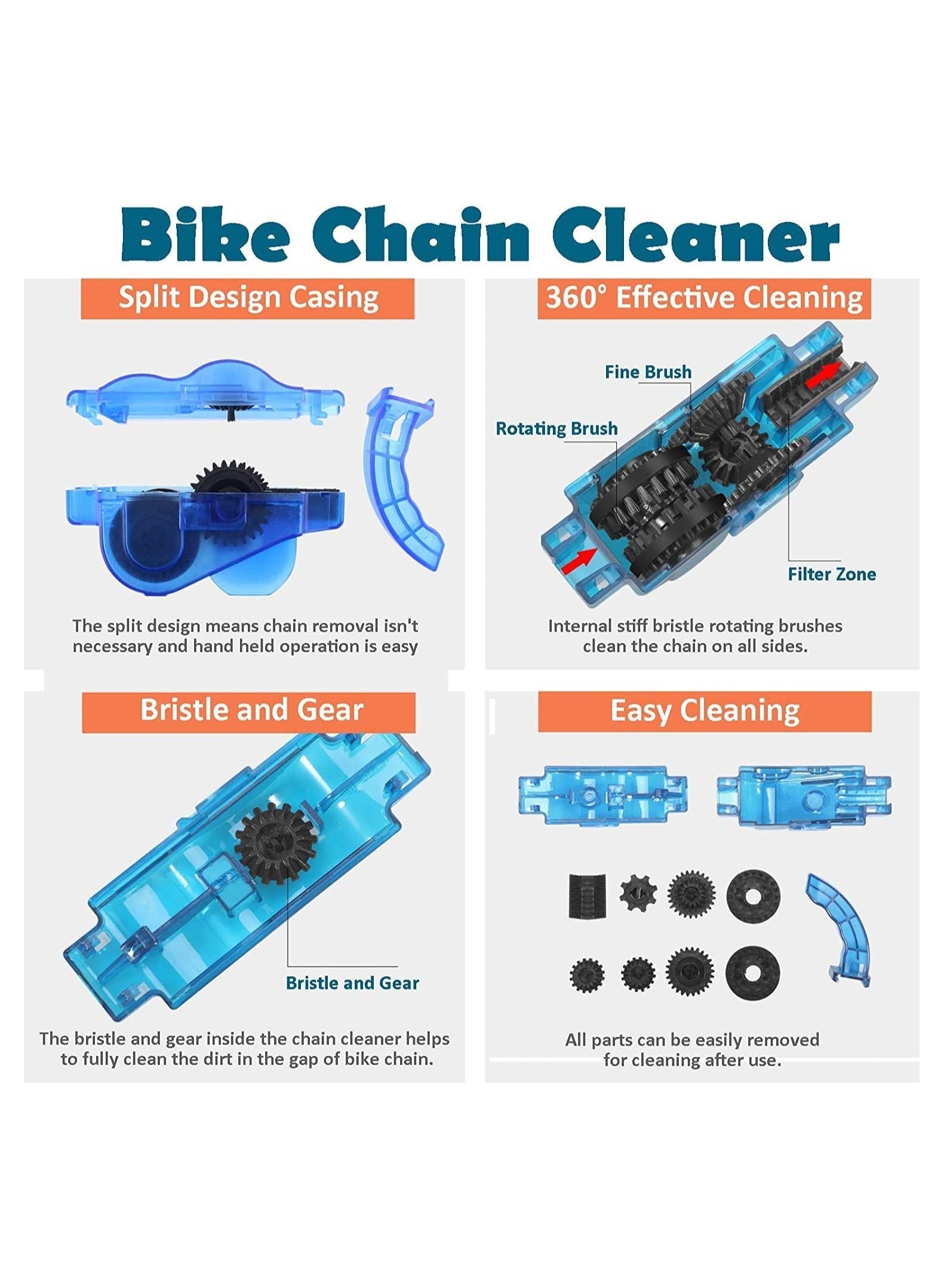 Bike Chain Cleaner, 4 Pack Bike Cleaning Kit, Portable Bike Chain Scrubber and Chain Brush, Bicycle Cleaning Brush Tool for Cycling, Mountain Bike, Road Bike, BMX