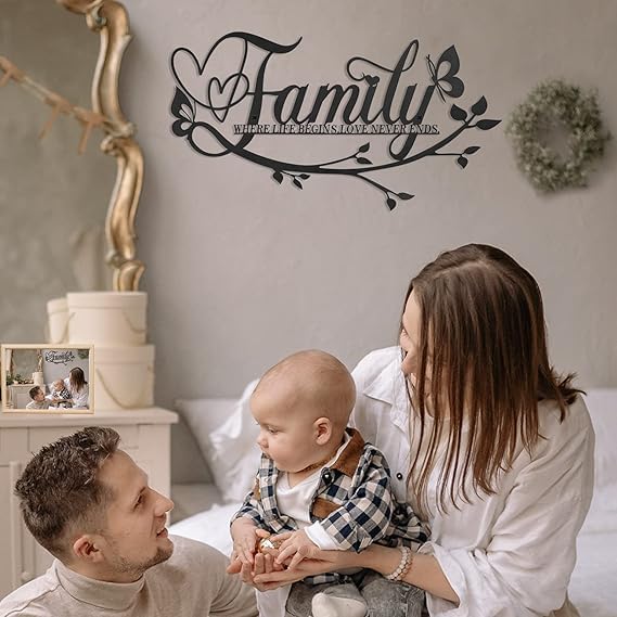 Mirfa Wooden Wall Art With Self Adhesive Base Home Decor, Wood Art Metal Looks Finish Decoration, Living Room Bedroom, Welcome Door New year (Black, 12" x 12", Family)