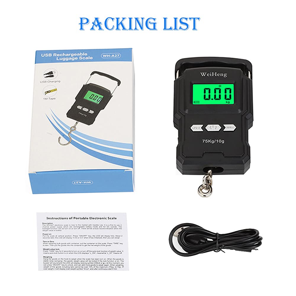 YAGSUW YYGJ, Rechargeable Lugagge Scale Portable Electronic Hook Scale Digital Hanging Bag Luggage Weight Scale Fishing Scale with Measuring Tape 165Lb Black