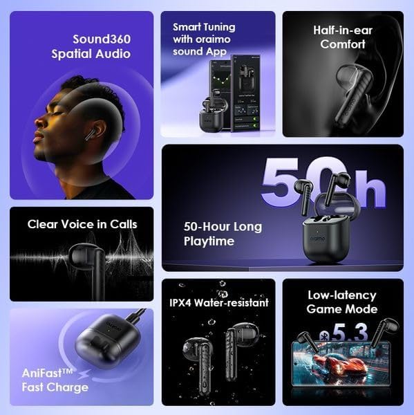Oraimo FreePods Neo OTW-330S True Wireless Earbuds | 50H Battery, 6 Mics for Clear Calls, Bluetooth 5.3, IPX4 Waterproof, Deep Bass, Touch Controls (Mysterious Blue)
