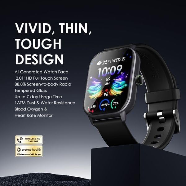 Oraimo OSW-805 Watch 5 Smart Watch with 2.01 inch HD Panda Glass Screen and 1ATM Water Resistance-Black