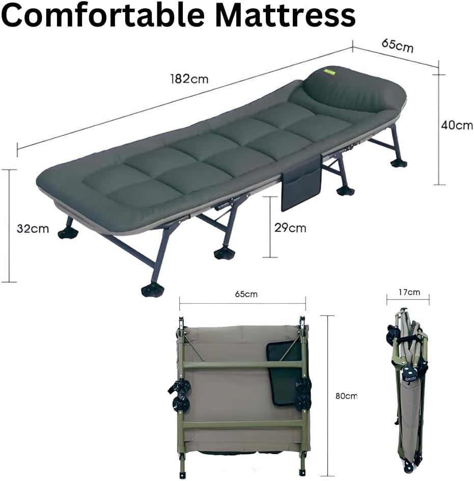 HEXAR Premium Camping Cot Comfortable Folding Bed 160 KG Capacity 8 Legs Portable Bed 6 Angle Luxury Recliner Lounge Chair Sleeping Mattress Indoor Outdoor Office Lounger Adult Beach Bed (Dark Green)