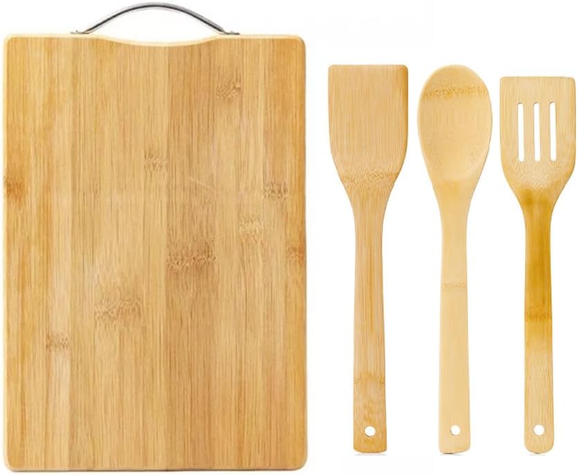 4pc Bamboo Chopping Board Set, Natural Bamboo Cutting Board with 3pcs Cooking Kitchen Spoons Utensils Spatula Turner Eco-Friendly Cutting Board for Chopping Meat, Vegetables, Fruits, Cheese