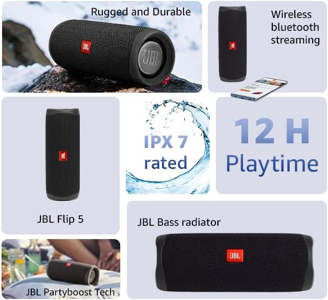 JBL Flip 5 Portable Waterproof Bluetooth Speaker with 12 Hours of Battery, Powerful Sound and Booming Bass, Lightweight, Stand Vertical or Horizontal, JBL Partyboost Compatible - Blue, JBLFLIP5BLU