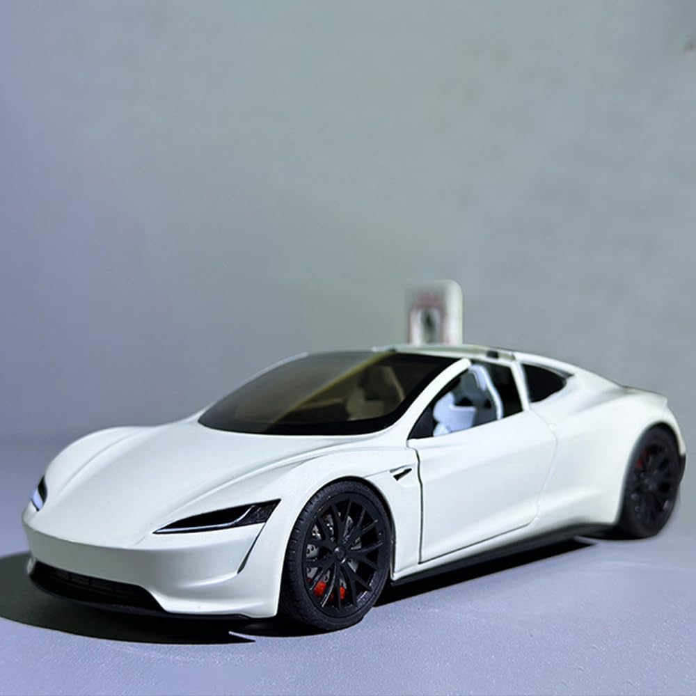 EROCK 1/24 Diecast Roadster Model Car with Pull Back Function, Sound and Light, Alloy Metal Vehicles Roadster Toy Car Ideal Collectible for Kids Adults Enthusiasts, Great Birthday Gift (White)