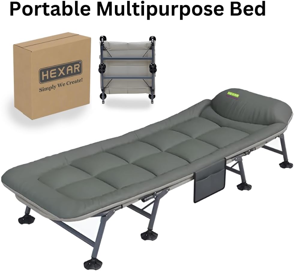 HEXAR Premium Camping Cot Comfortable Folding Bed 160 KG Capacity 8 Legs Portable Bed 6 Angle Luxury Recliner Lounge Chair Sleeping Mattress Indoor Outdoor Office Lounger Adult Beach Bed (Dark Green)