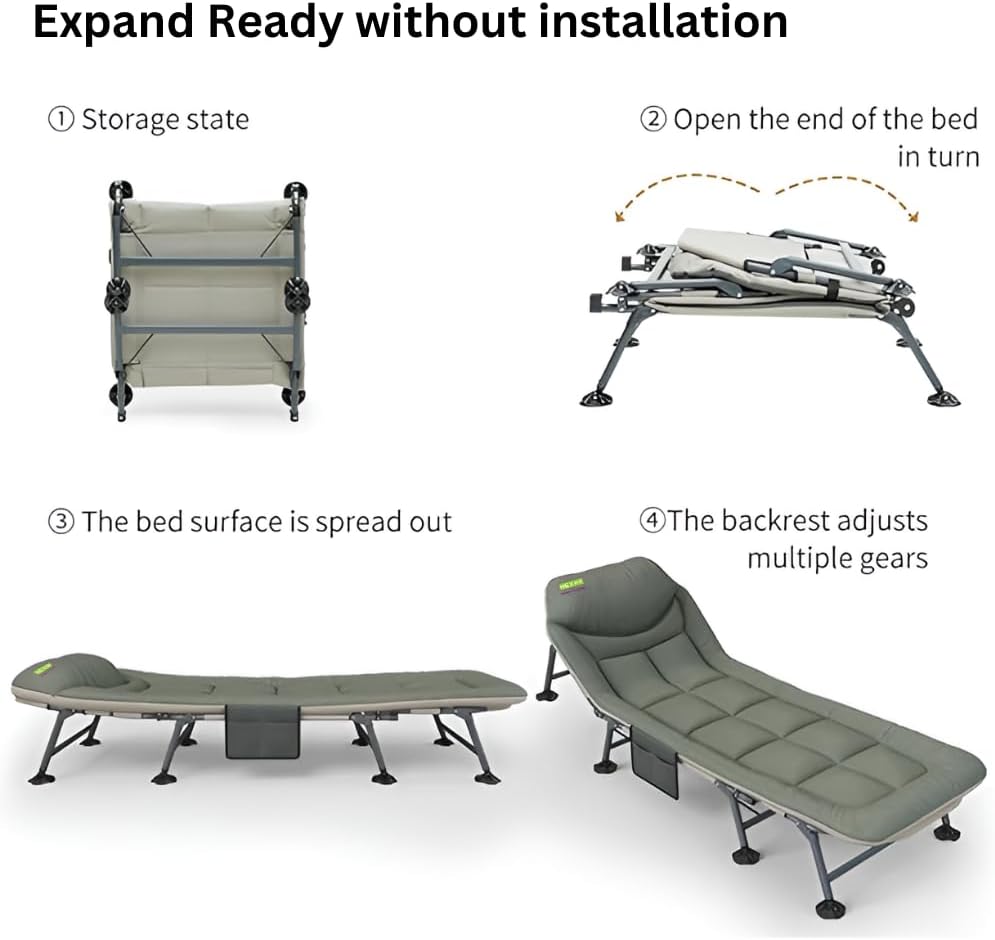 HEXAR Premium Camping Cot Comfortable Folding Bed 160 KG Capacity 8 Legs Portable Bed 6 Angle Luxury Recliner Lounge Chair Sleeping Mattress Indoor Outdoor Office Lounger Adult Beach Bed (Dark Green)