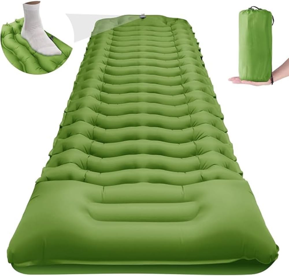 HEXAR Self Inflating Sleeping Pad with Foot Pump 190X64 Built-in Pump Foldable Sleeping Mat with Pillow for Camping Hiking Durable Inflatable Air Mattress - Carry Bag, Repair Patches (Military Green)