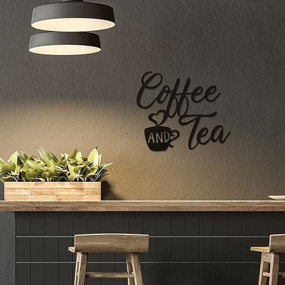 Mirfa Wooden Wall Art With Self Adhesive Base Home Decor, Wood Art Metal Looks Finish Decoration, Living Room Bedroom, Welcome Door New year (Black, 12" x 12", Coffee And Tea)