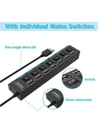 منفذ USB HUB بـ 7 منافذ 2.0 عالي السرعة مع مفتاح تشغيل/إيقاف ومحول مصباح LED
