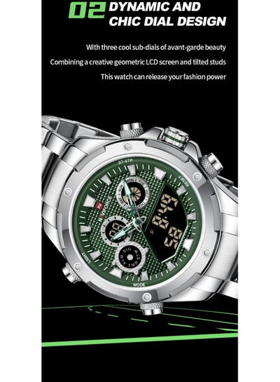 NAVIFORCE NF9217 ساعات رياضية رجالية رقمية تناظرية كوارتز مقاومة للماء متعددة الوظائف عسكرية ستانلس ستيل ساعة للرجال فضي أخضر
