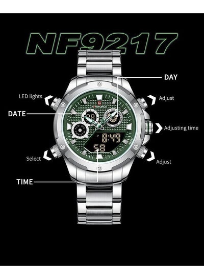 NAVIFORCE NF9217 ساعات رياضية رجالية رقمية تناظرية كوارتز مقاومة للماء متعددة الوظائف عسكرية ستانلس ستيل ساعة للرجال فضي أخضر